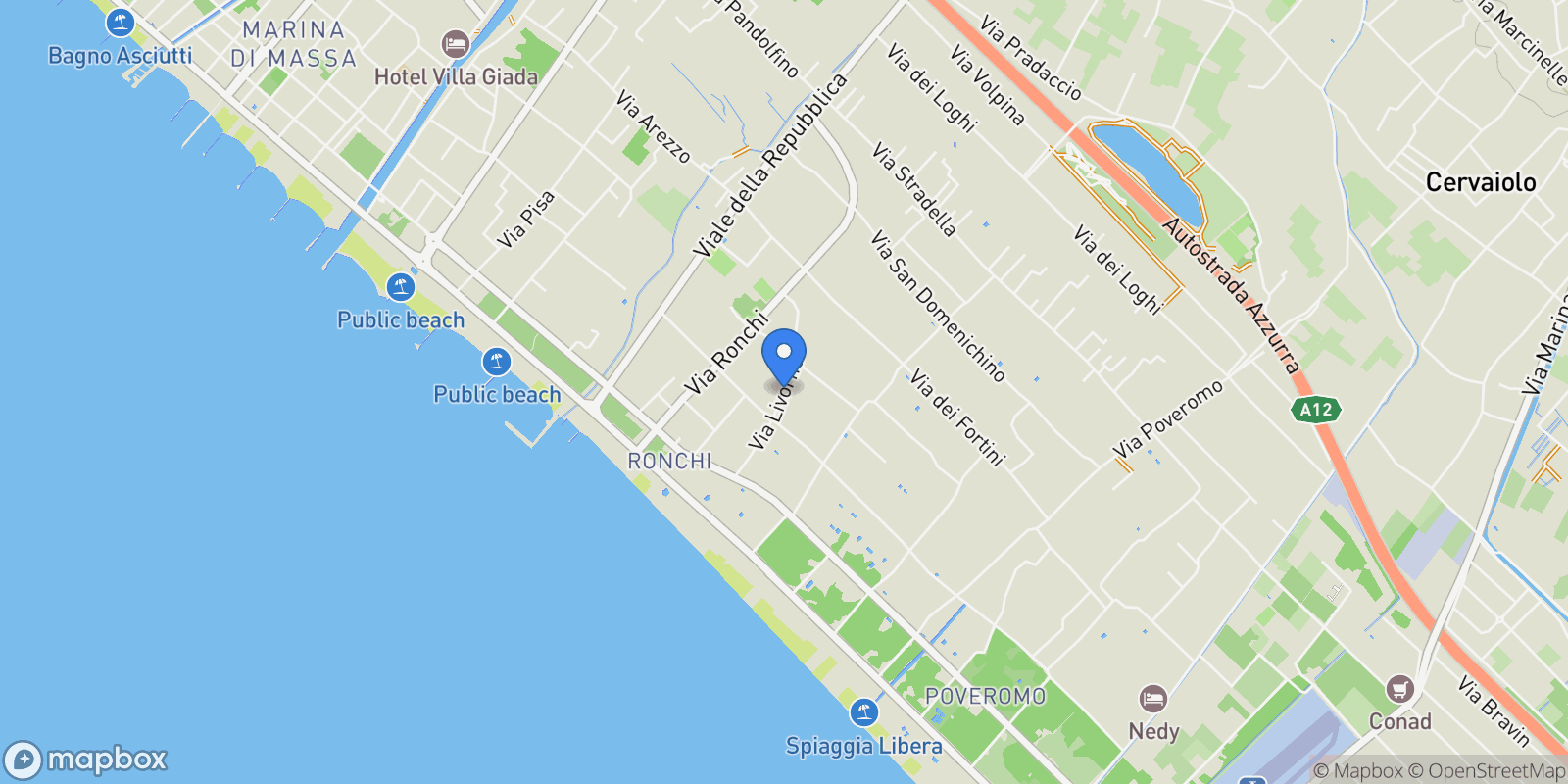 Map showing Via Livorno,, Marina di Massa, Tuscany, Italy.