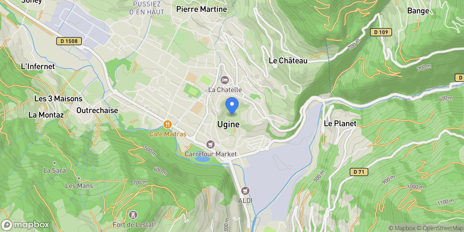 Map showing Ugine, Auvergne-Rhône-Alpes, France.