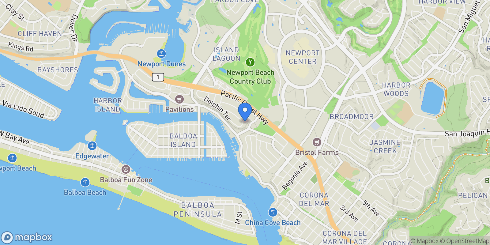 Map showing 624 Ramona, Corona del Mar, CA 92625, Newport Beach, California, United States.