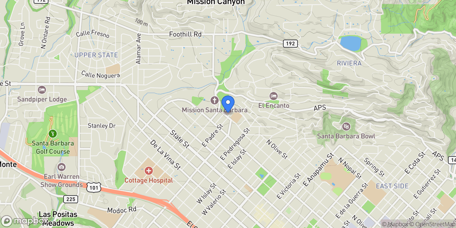 Map showing 407 East Padre Street, Santa Barbara, CA 93103, Santa Barbara, California, United States.