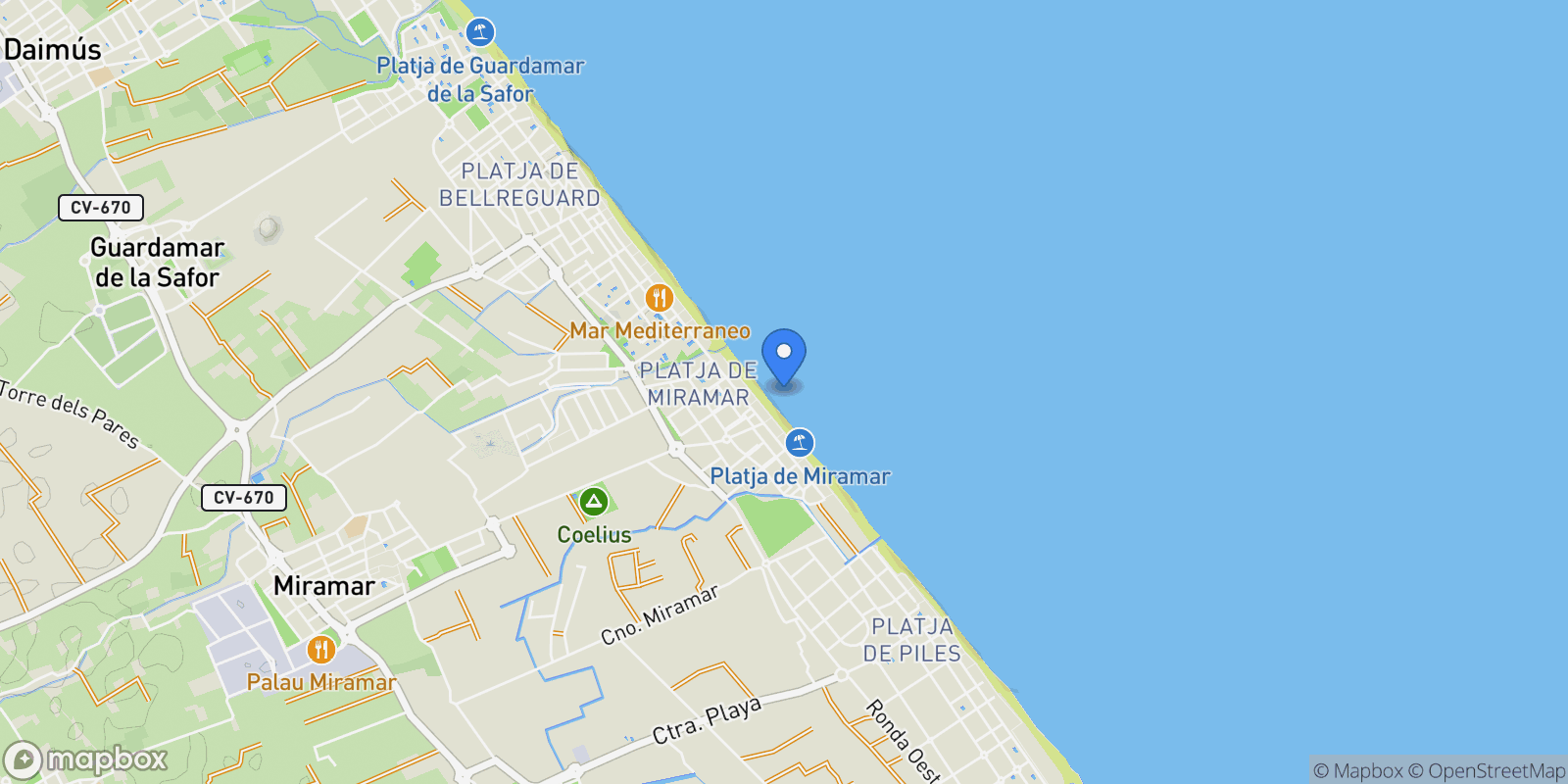 Map showing 1a linea de playa, Miramar, VALENCIA, Miramar, Spain.