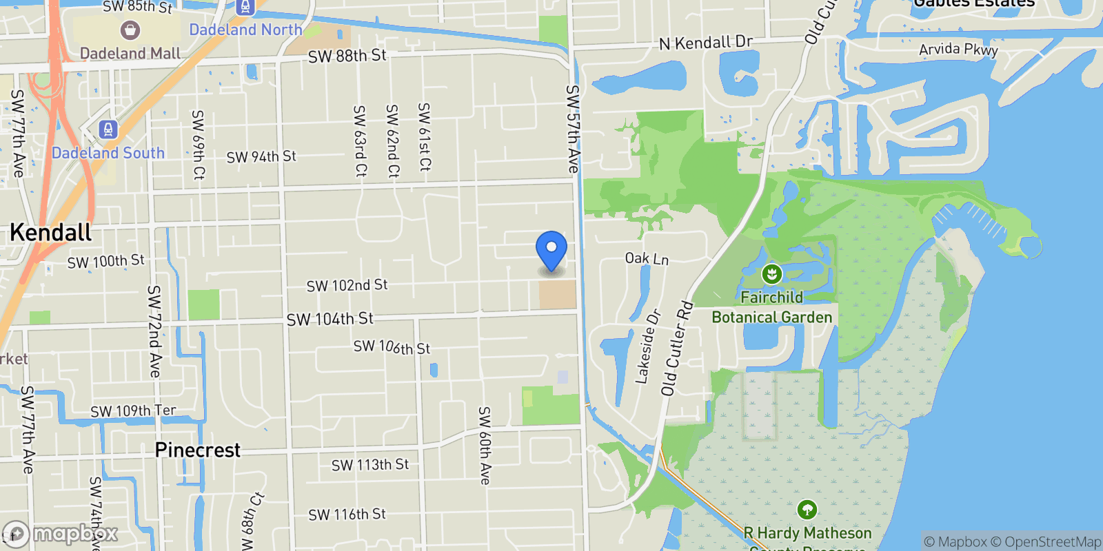 Map showing 5770 SW 100th St , Pinecrest, FL 33156, Coral Gables, Florida, United States.