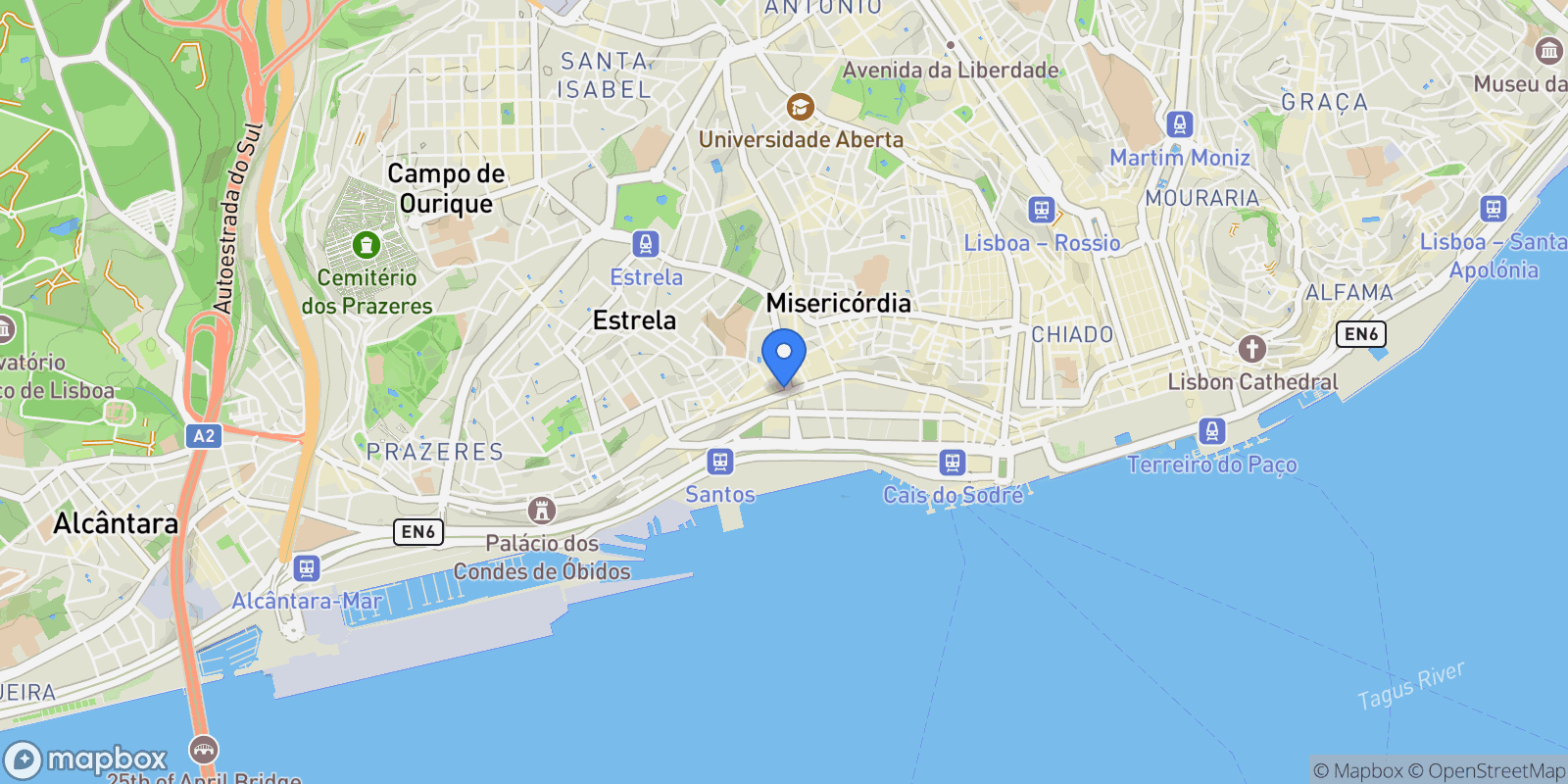 Map showing Lisboa>Santos, Estrela, Lisbon, Portugal.