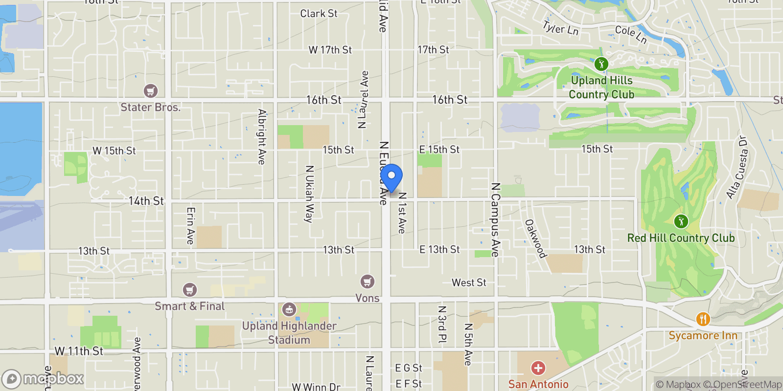 Map showing 1404 N Euclid Avenue, Upland, CA 91786, Upland, California, United States.