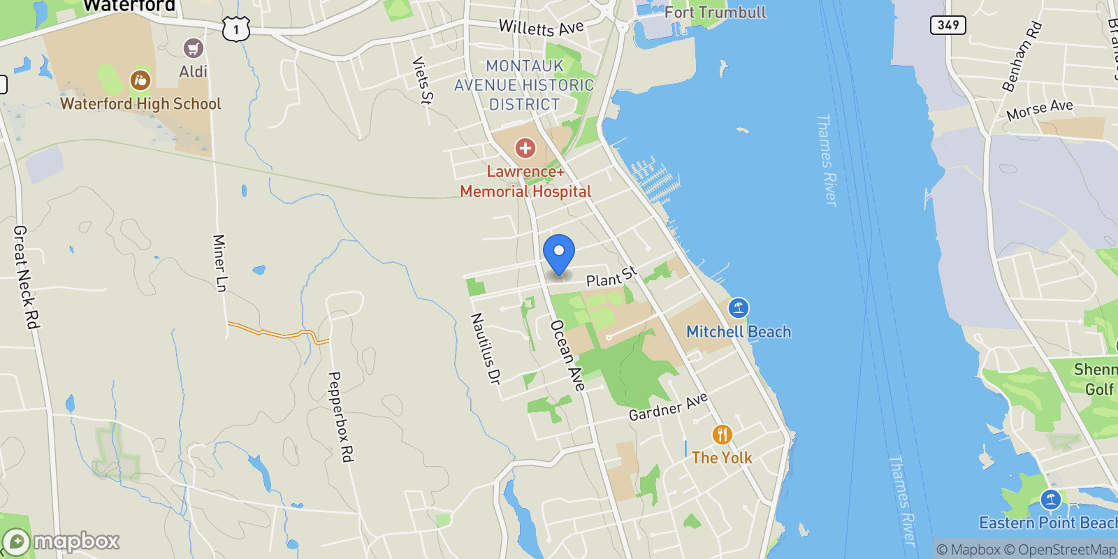 Map showing 165 Plant Street, New London, CT 06320, New London, Connecticut, United States.