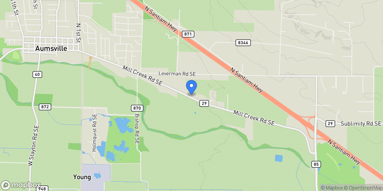 Map showing 10473 Mill Creek Road SE, Aumsville, Oregon, United States.