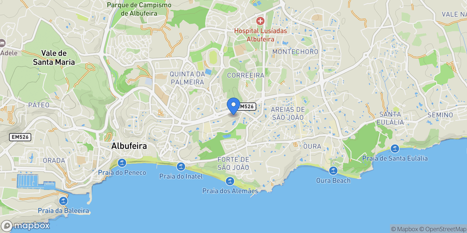 Map showing Olhos de Agua, Algarve, Portugal.