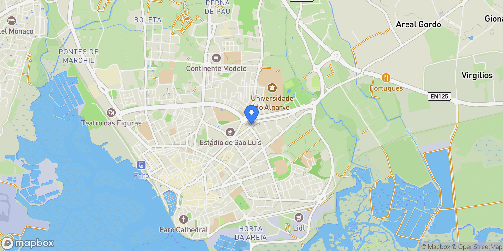 Map showing Faro (Se e Sao Pedro), Algarve, Portugal.