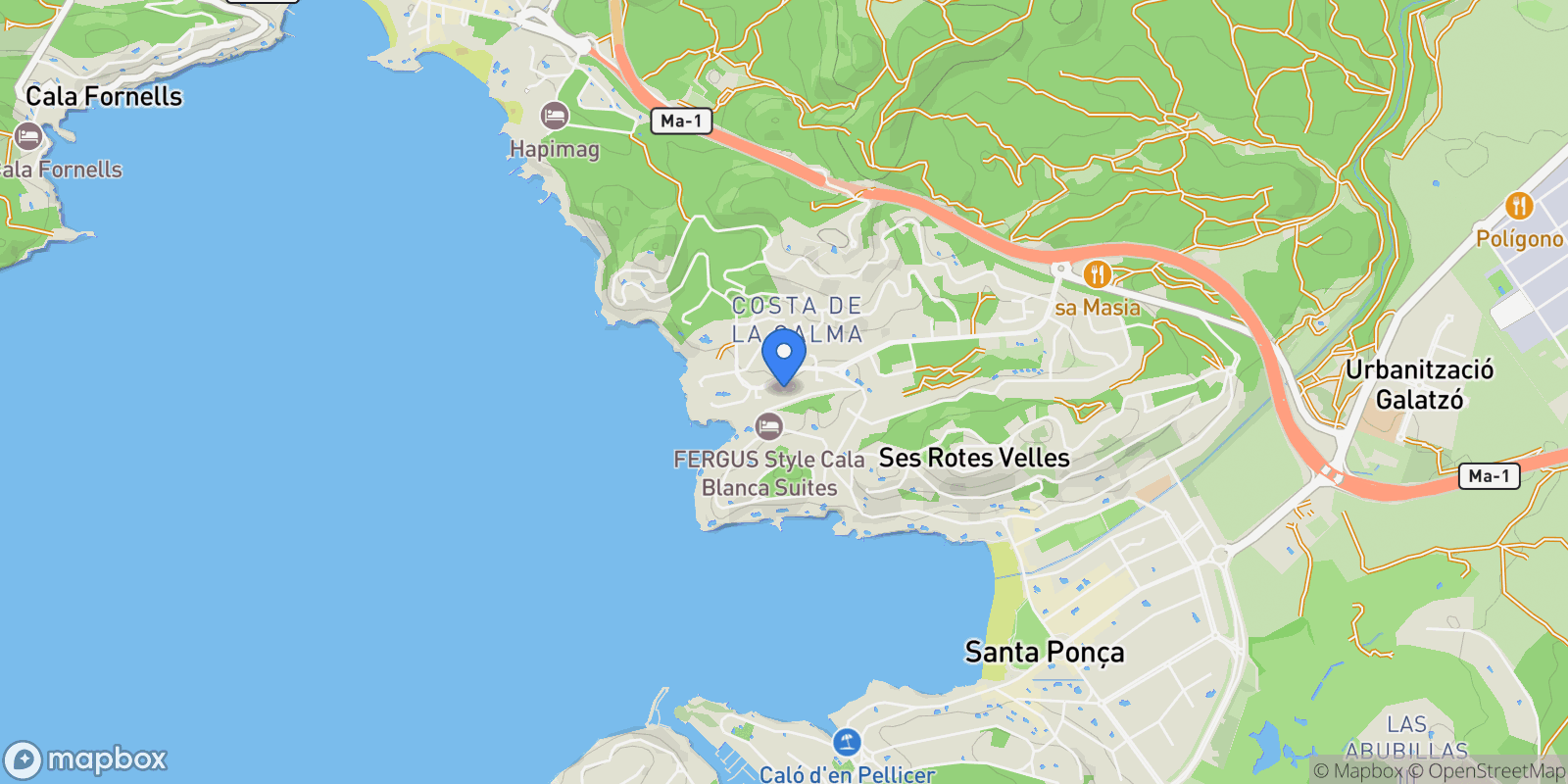 Map showing Carrer Mil Pins, Rotes Velles, Calvia, Balearic Islands.