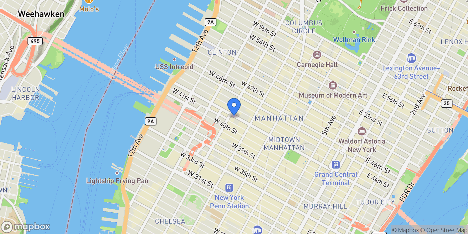 Map showing WEST 42ND STREET, New York, New York, United States.