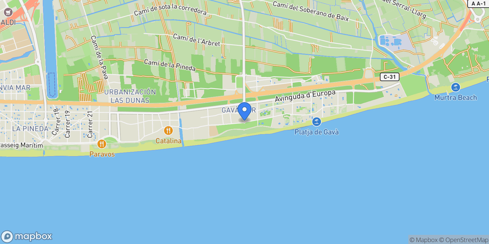 Map showing Cubelles, Gava Mar, Barcelona, Gava Mar, Gava, Catalonia, Spain.