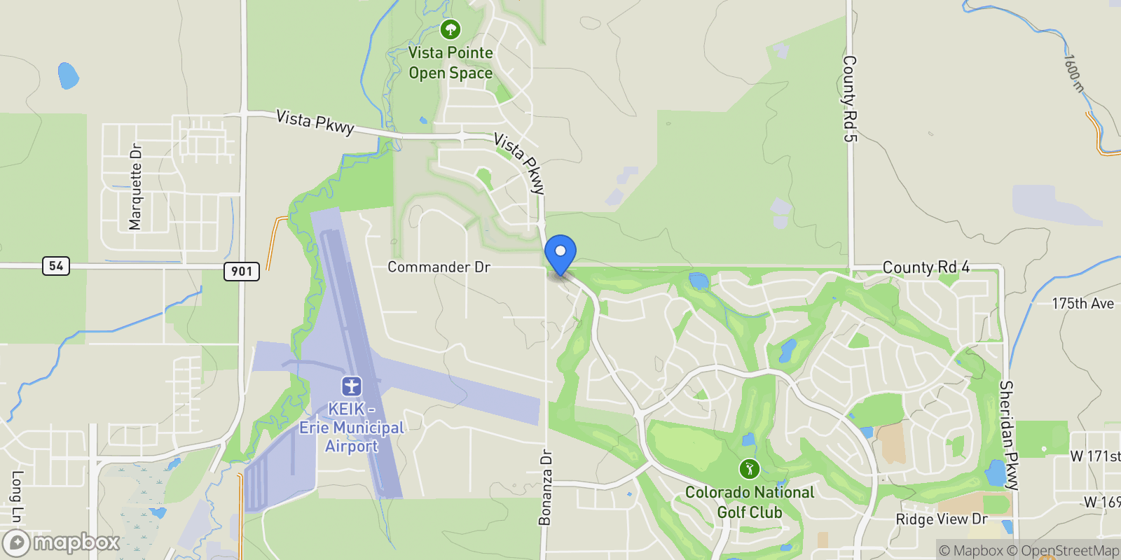 Map showing 1055 Greens Place, Erie, CO 80516, Erie, Colorado, United States.