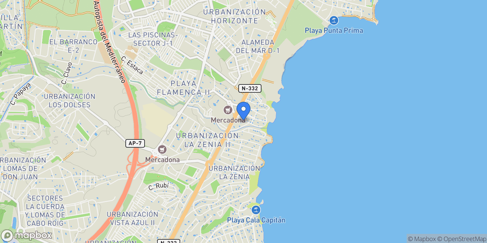 Map showing Playa Flamenca, Orihuela Costa, Alicante, Orihuela Costa, Playa Flamenca, Orihuela, Valencian Community.
