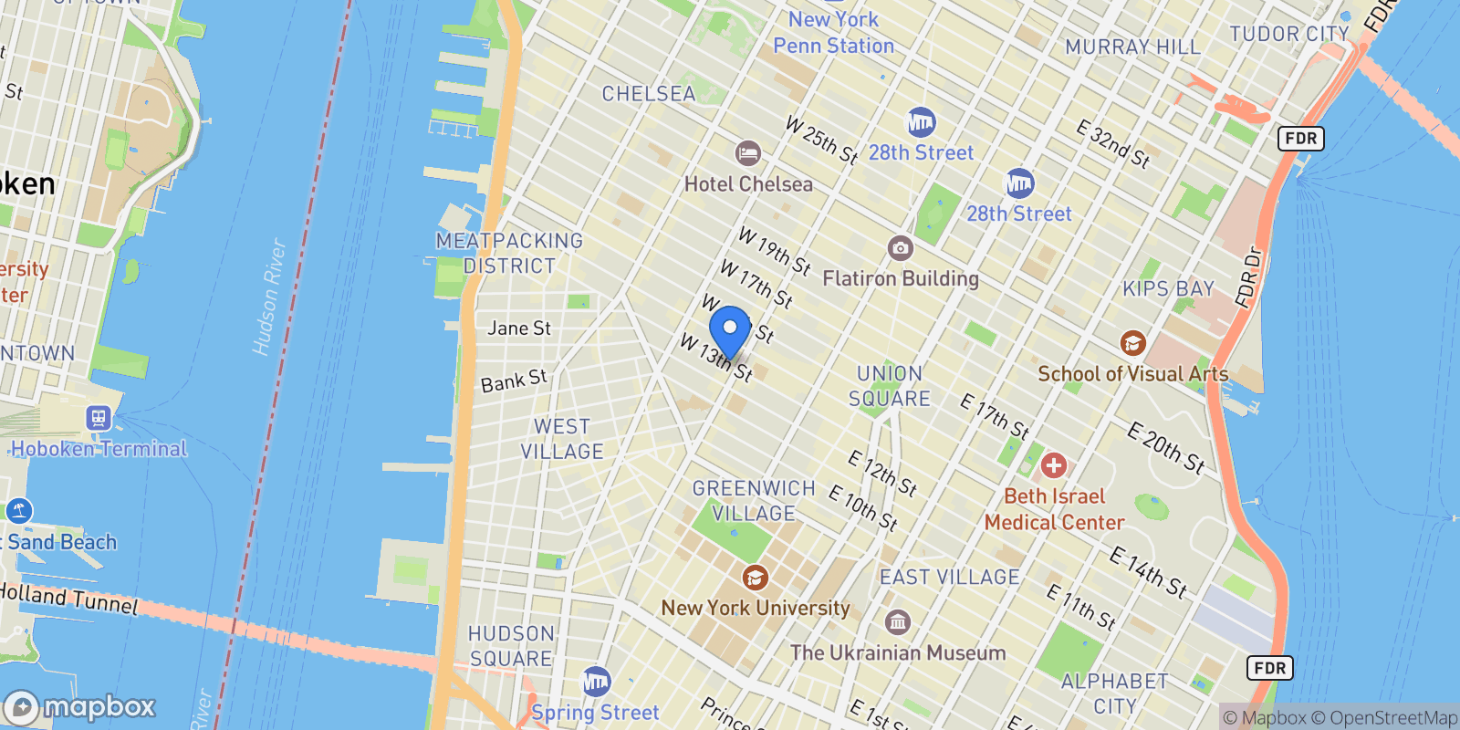 Map showing WEST 13TH STREET, New York, New York, United States.