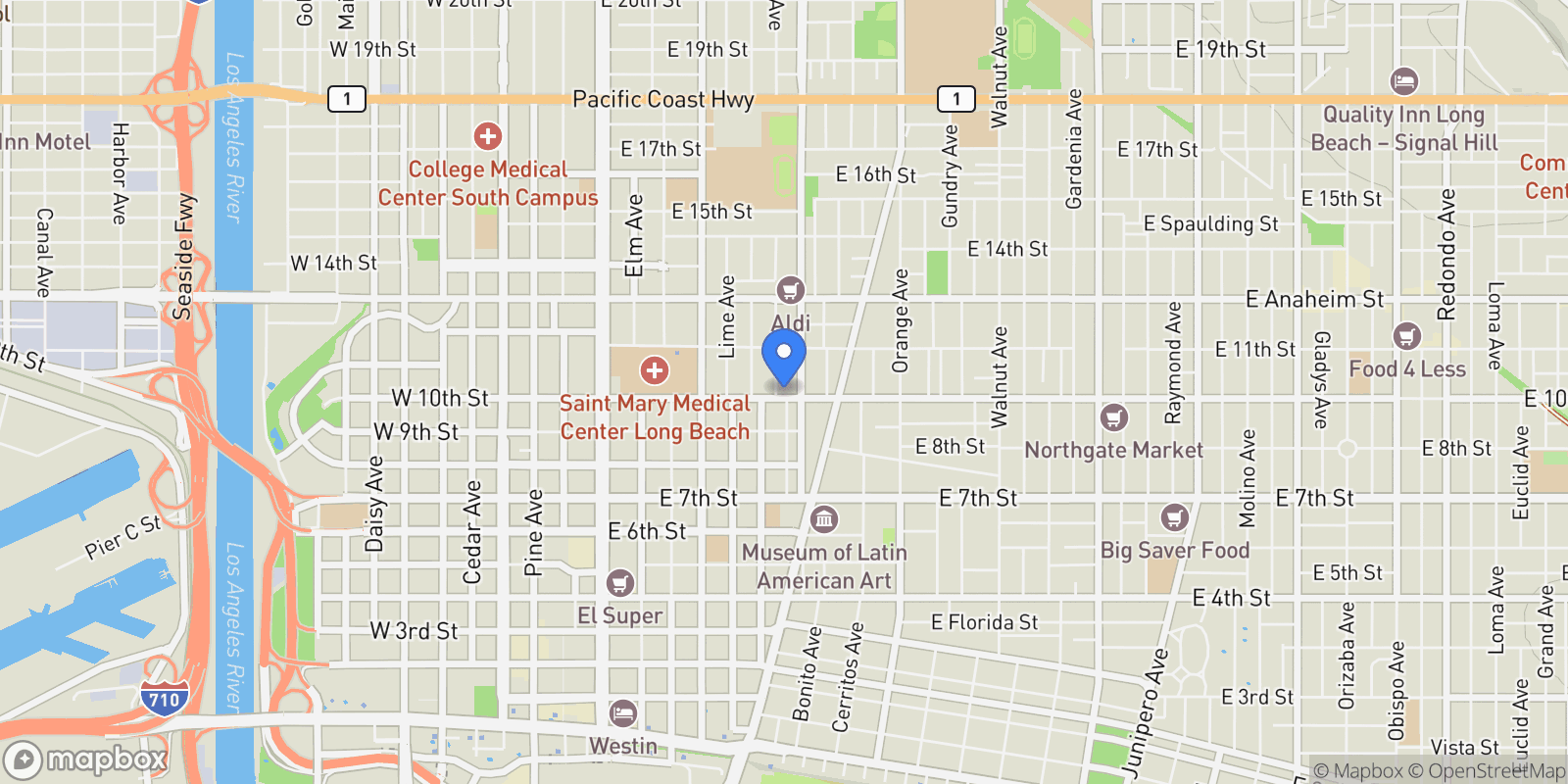 Map showing 911 E 10th Street, Signal Hill, California, United States.