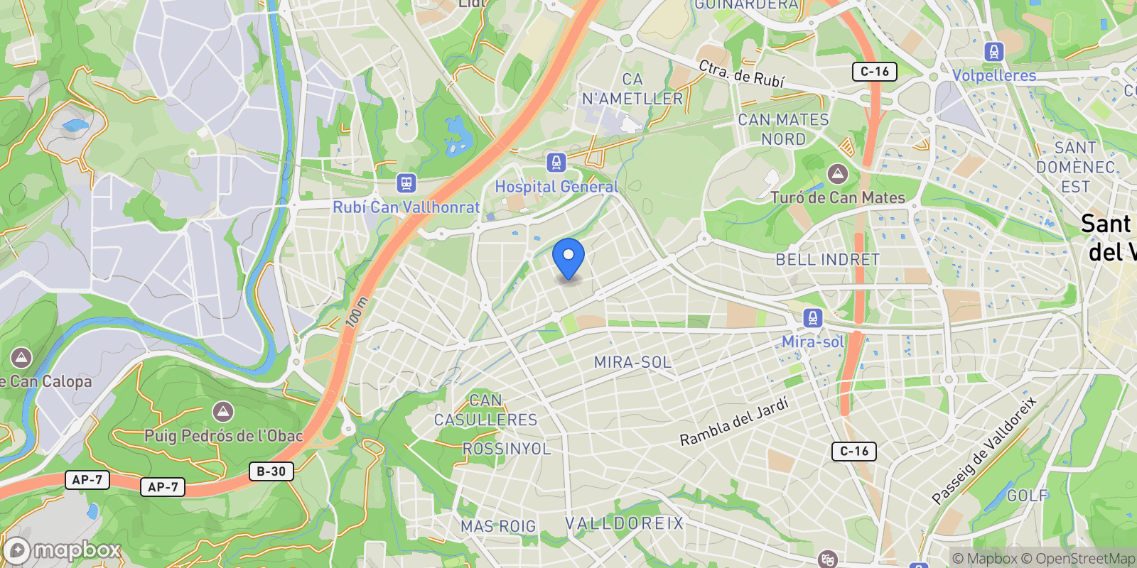 Map showing Montblanc, Mirasol, Barcelona, Mirasol, Sant Cugat del Valles, Catalonia, Spain.
