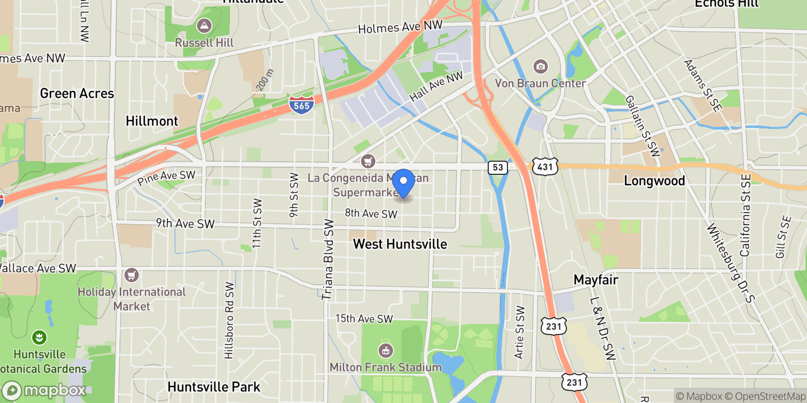 Map showing 2715 7th Avenue SW , Huntsville, AL 35805, Redstone Arsenal, Alabama, United States.