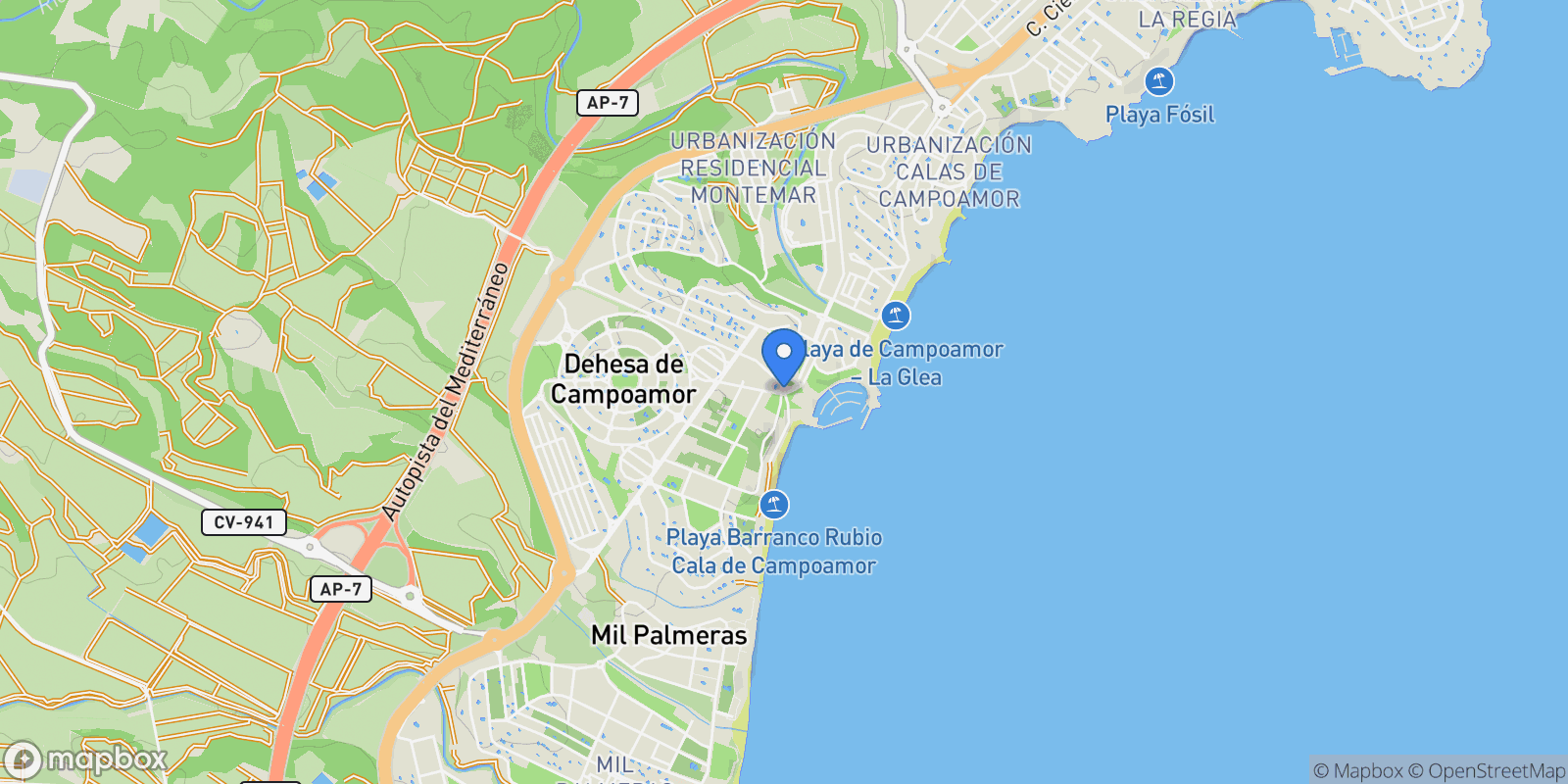 Map showing Campoamor, Campoamor, Alicante, Campoamor, Dehesa de Campoamor, Orihuela, Valencian Community.
