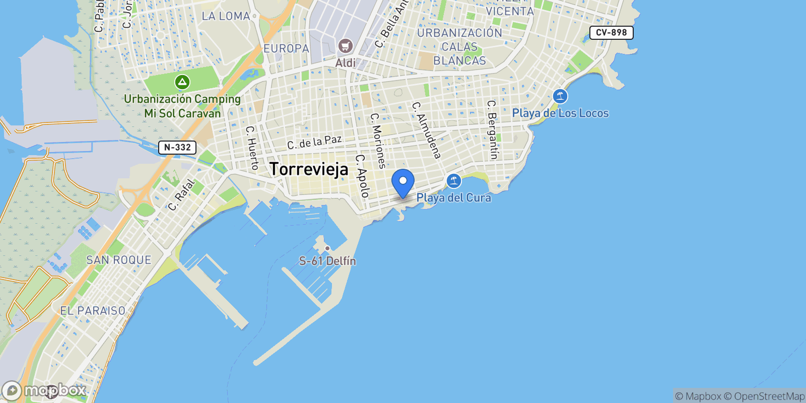 Map showing Playa del Cura, Torrevieja, Alicante, Torrevieja, Torrevieja, Valencian Community, Spain.