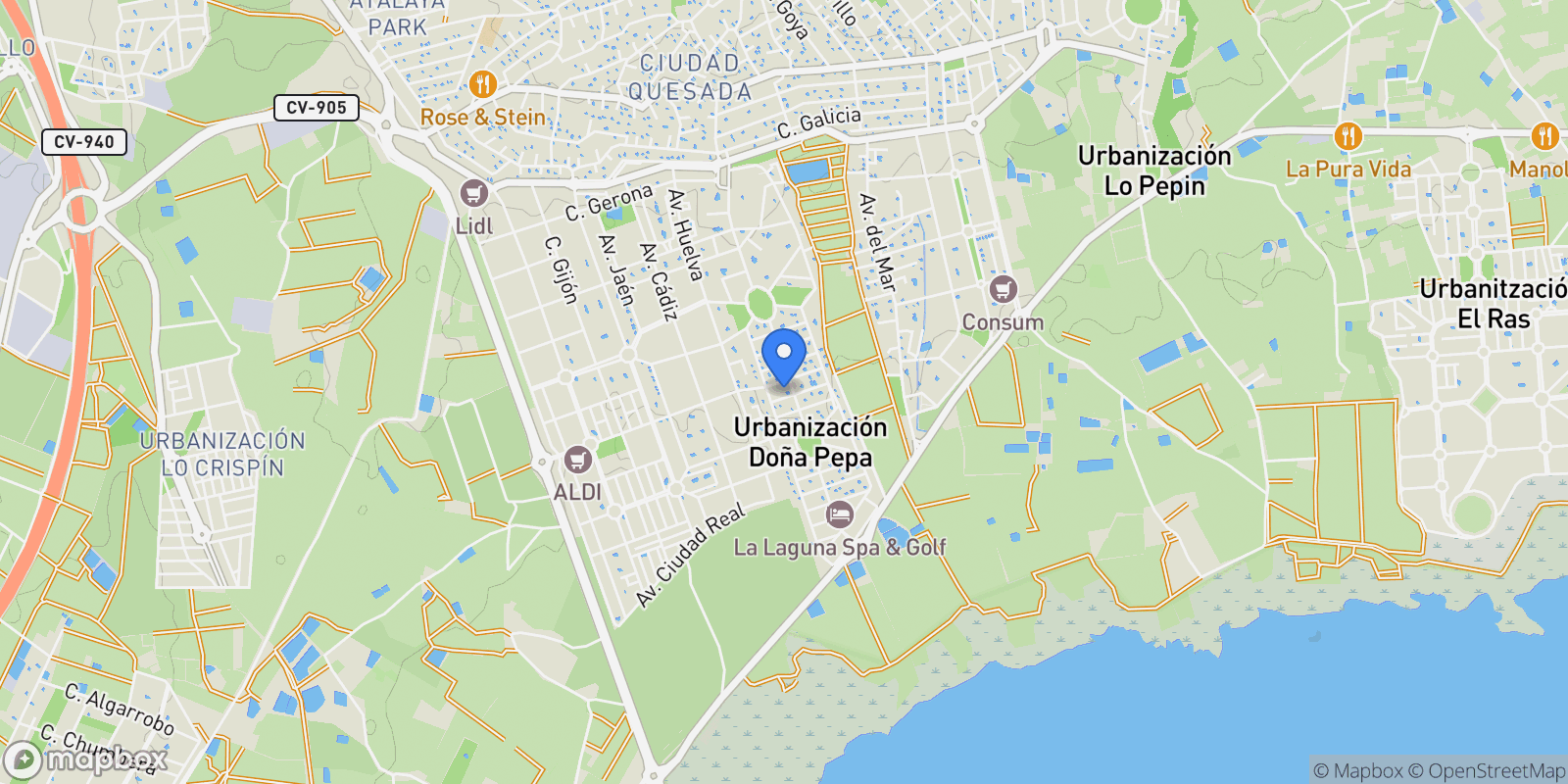 Map showing Dona Pepa, Ciudad Quesada, Alicante, Ciudad Quesada, Ciudad Quesada, Rojales, Valencian Community.