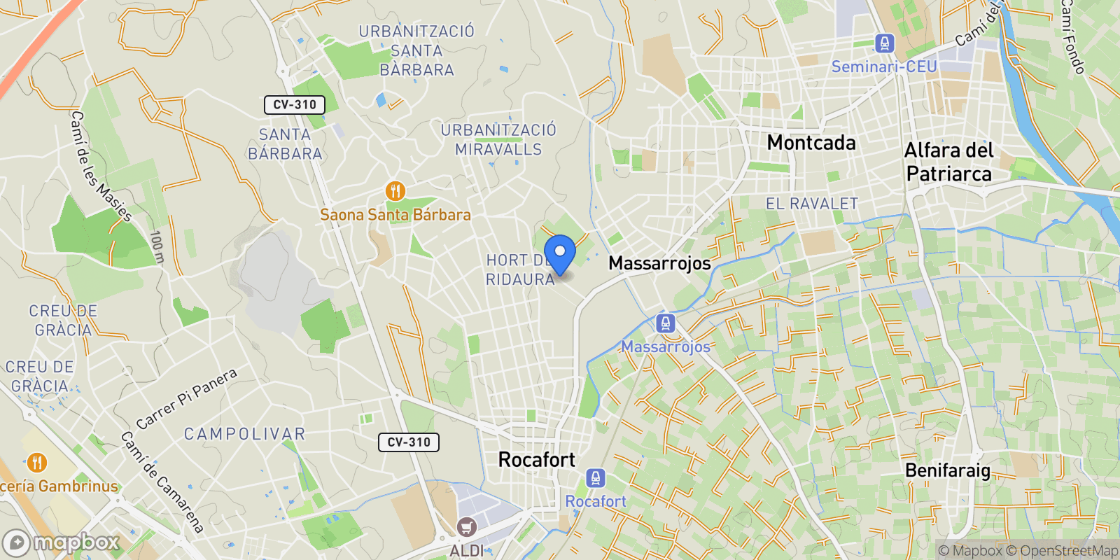 Map showing En Huerto Ridaura, Massarrochos, Valencia, Massarrochos, Pobles del Nord, Valencia, Spain.