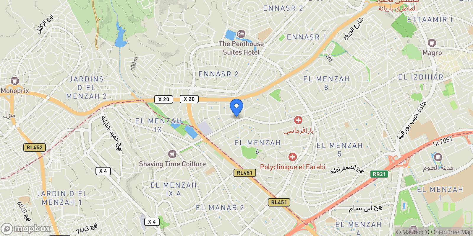 Map showing manzah 7, Tunis, Tunis, Tunisia.