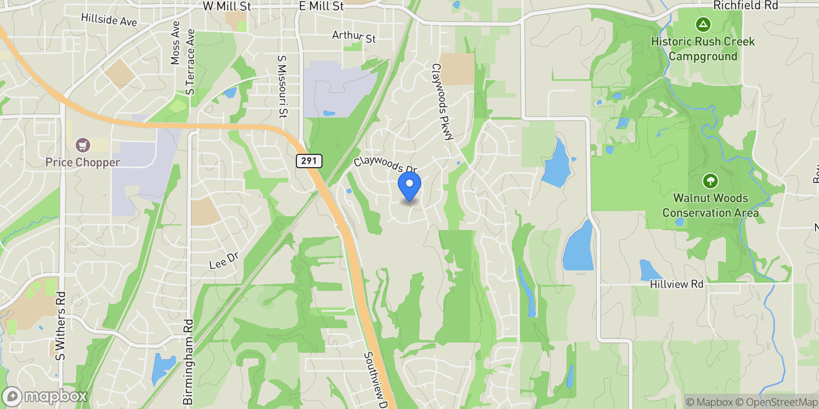 Map showing 1112 White Birch Street, Excelsior Springs, Missouri, United States.