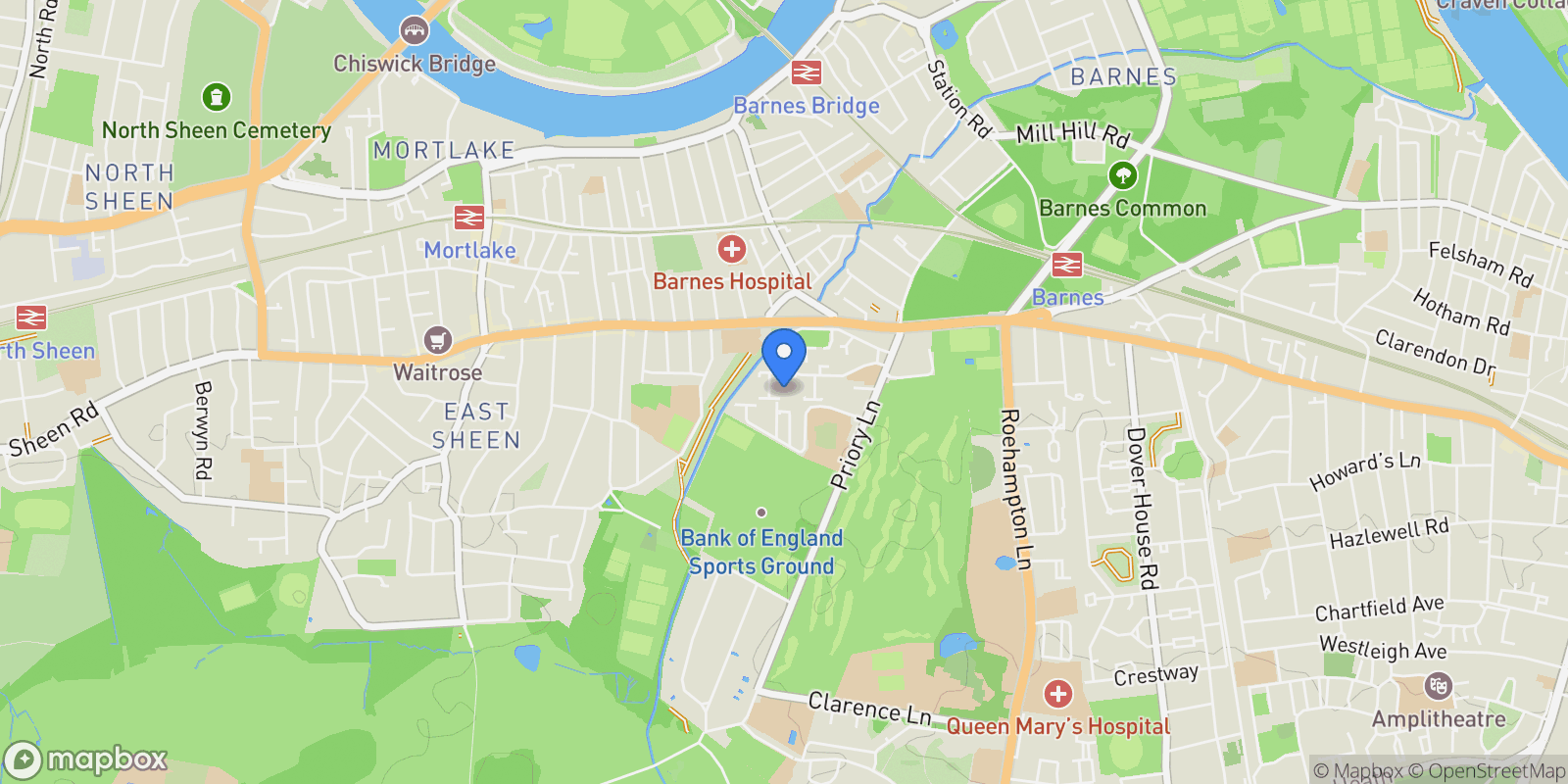 Map showing Queens Road, East Sheen, SW14, London, England, United Kingdom.