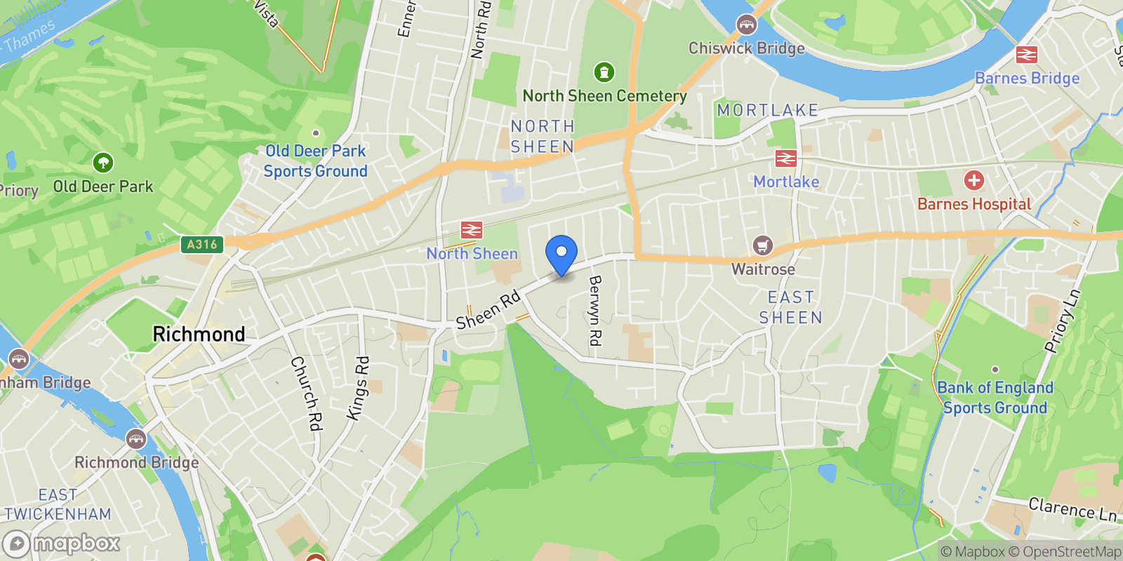 Map showing Dancer Road, Kew, TW9, Richmond, England, United Kingdom.