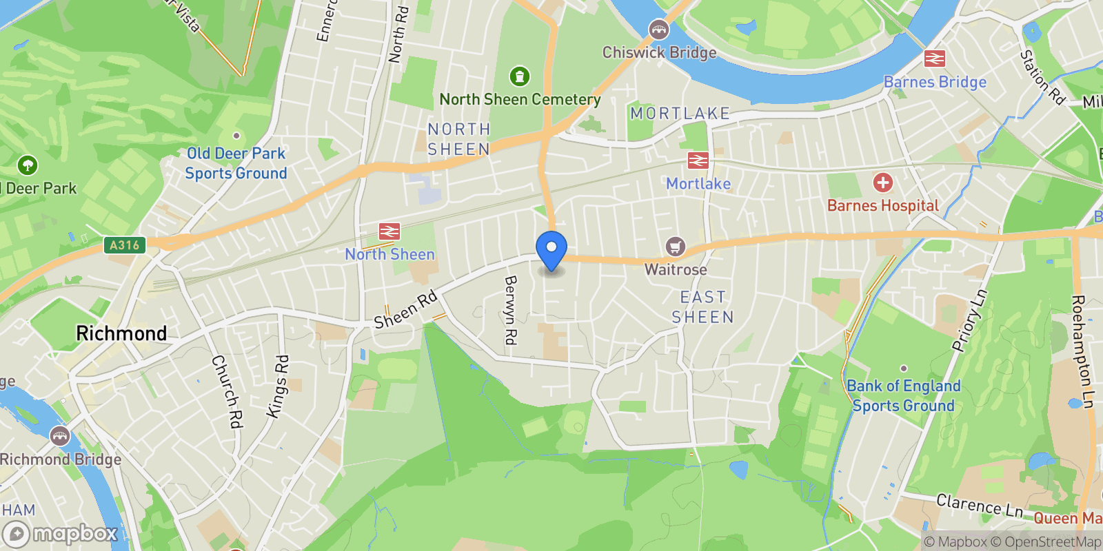 Map showing Sandycombe Road, Kew, TW9, Richmond, England, United Kingdom.