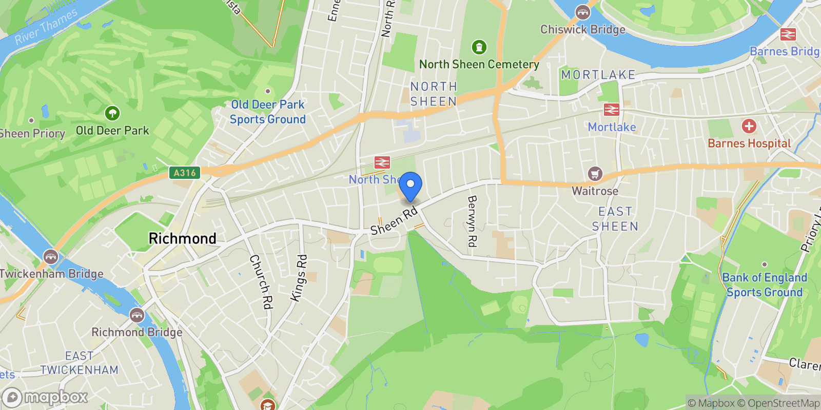 Map showing Thompson Avenue, Kew, TW9, Richmond, England, United Kingdom.