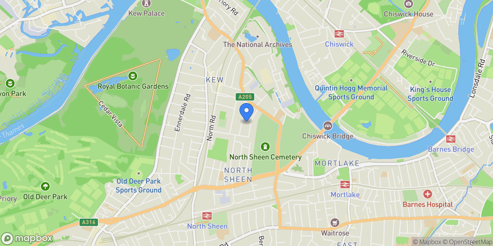 Map showing Mortlake Road, Kew, TW9, London, England, United Kingdom.