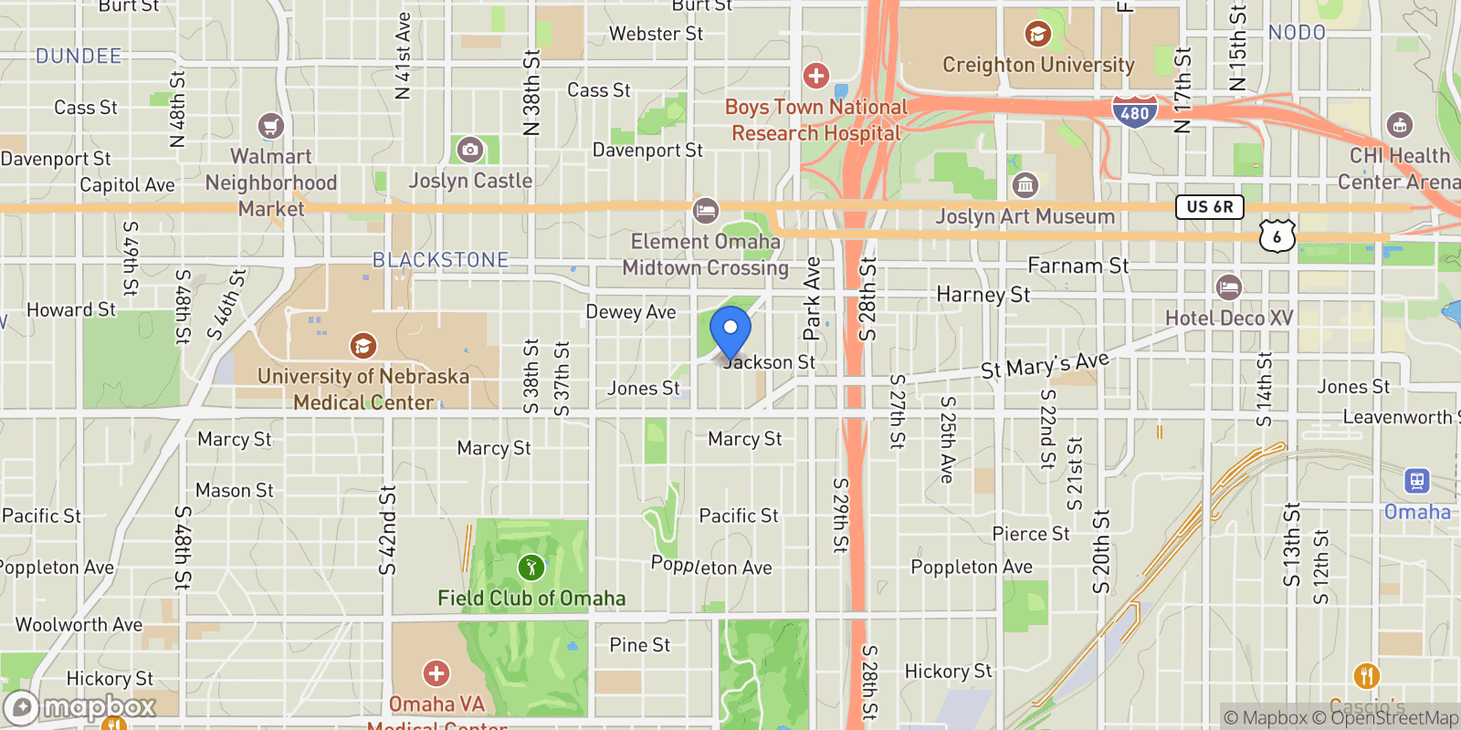 Map showing 3155 Jackson Street, Omaha, NE 68105, Omaha, Nebraska, United States.
