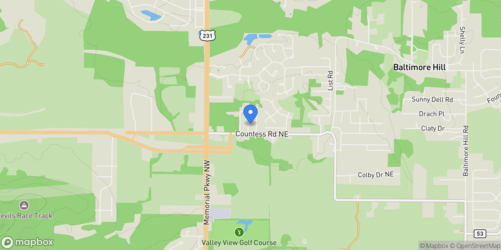 Map showing 129 Jacque Jim Drive NE , Huntsville, AL 35810, Redstone Arsenal, Alabama, United States.