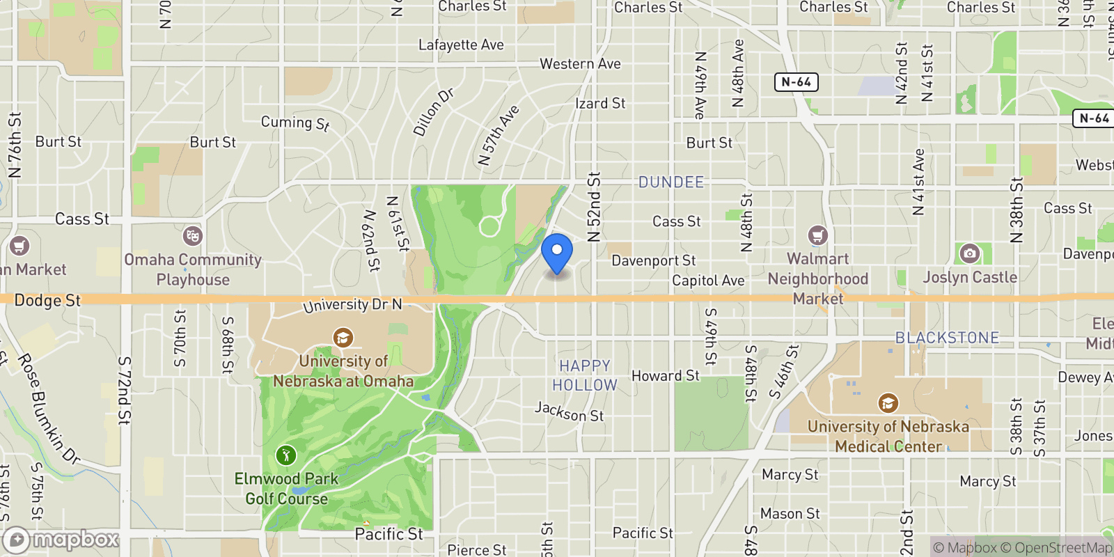 Map showing 101 N 54 Street, Omaha, NE 68132, Omaha, Nebraska, United States.