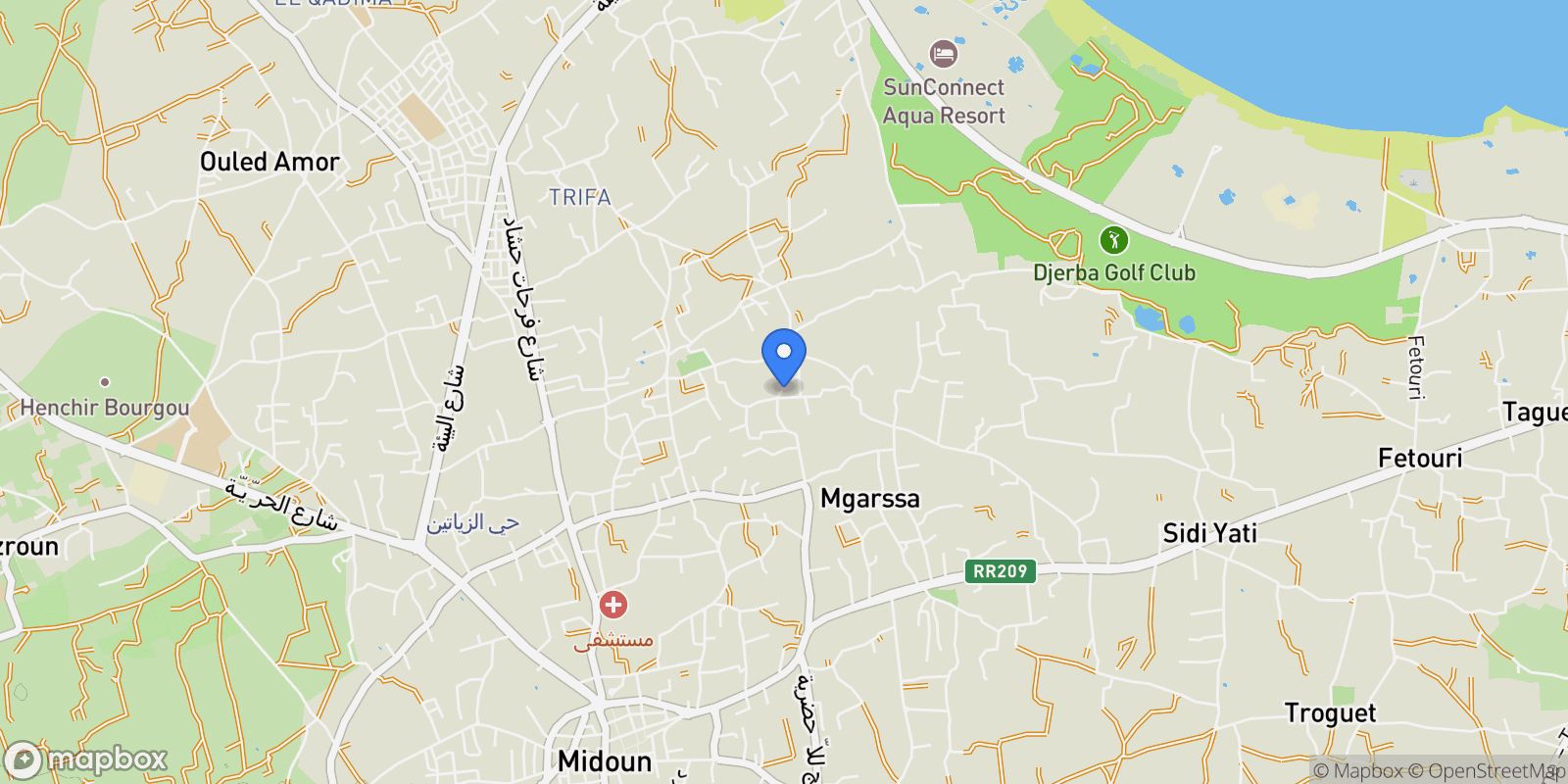 Map showing Djerba Midun, Medenine, Tunisia.