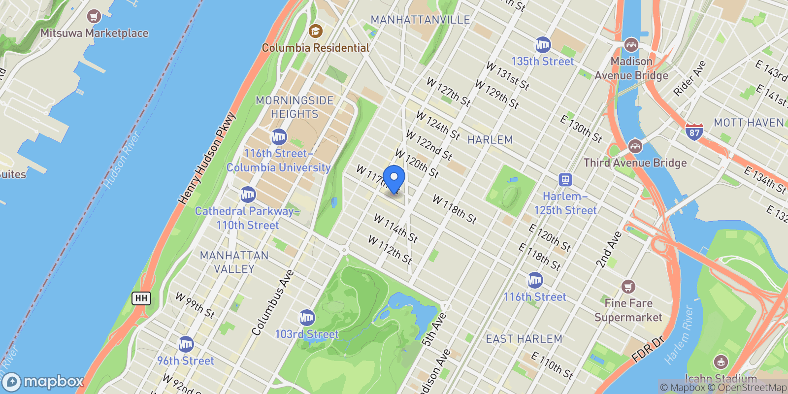 Map showing CASA LOMA, 229 W 116TH ST, New York, New York, United States.