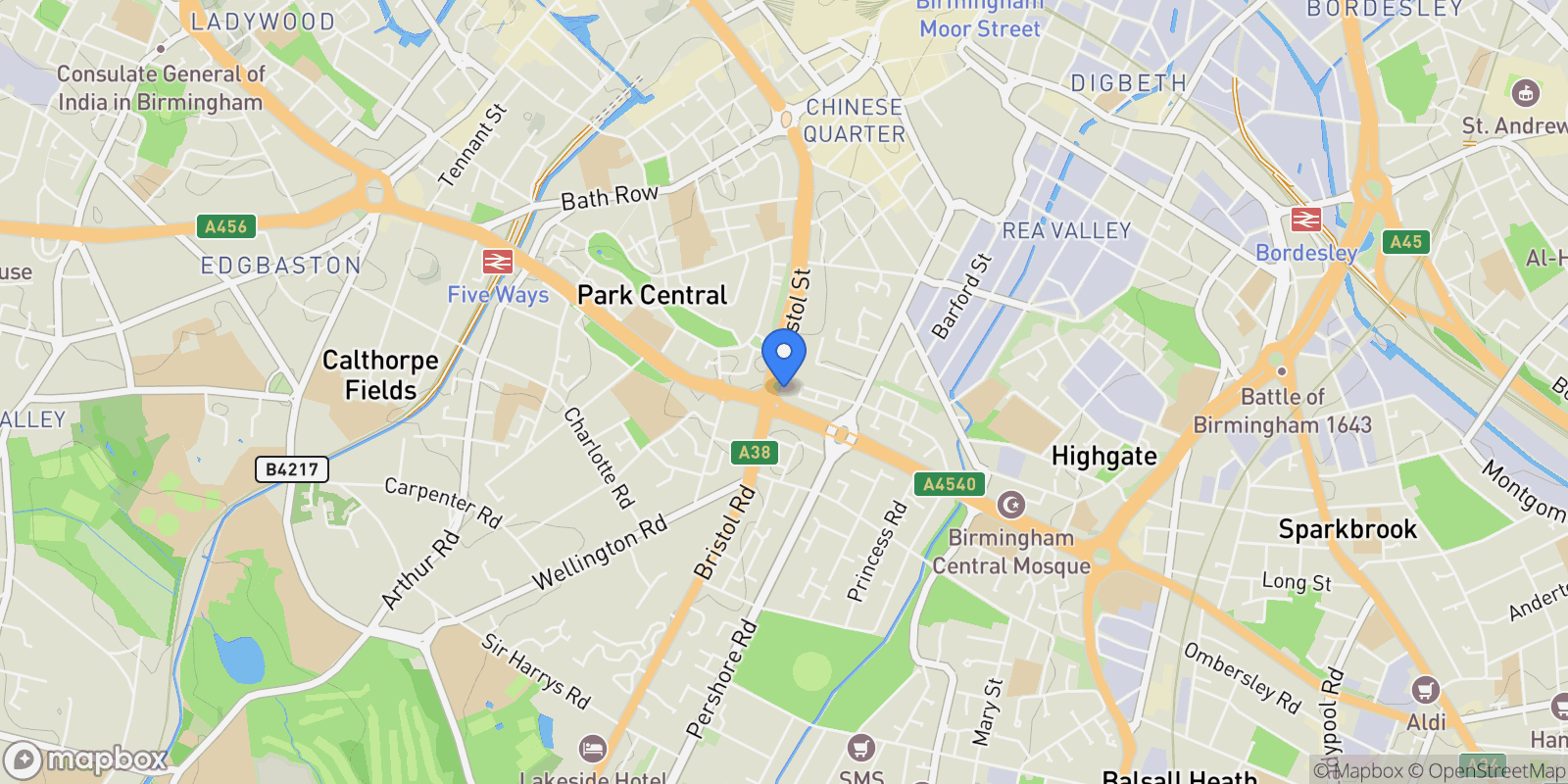 Map showing Bristol Street, Birmingham, West Midlands, Birmingham, England, United Kingdom.