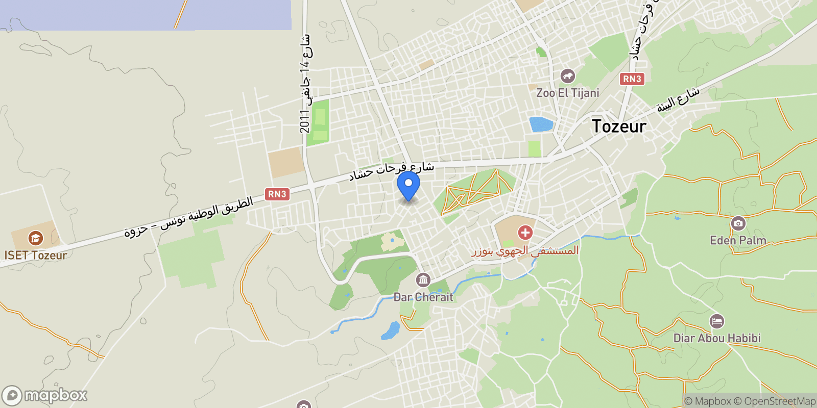 Map showing Tozeur, Tozeur, Tunisia.