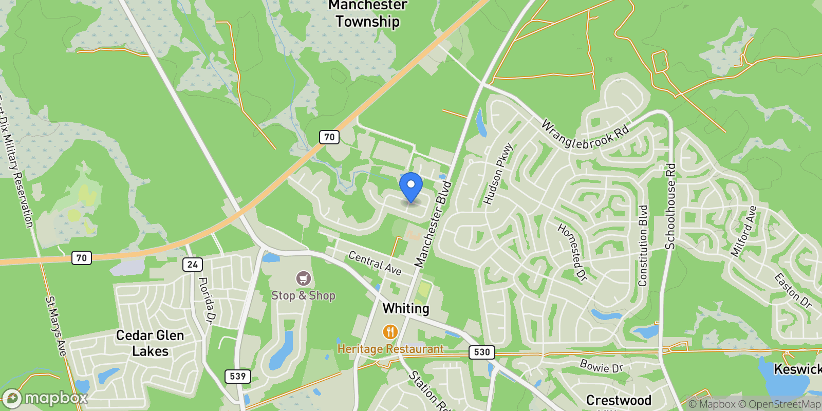 Map showing 11 Woodview Drive, Whiting, NJ 08759, Manchester Township, New Jersey, United States.