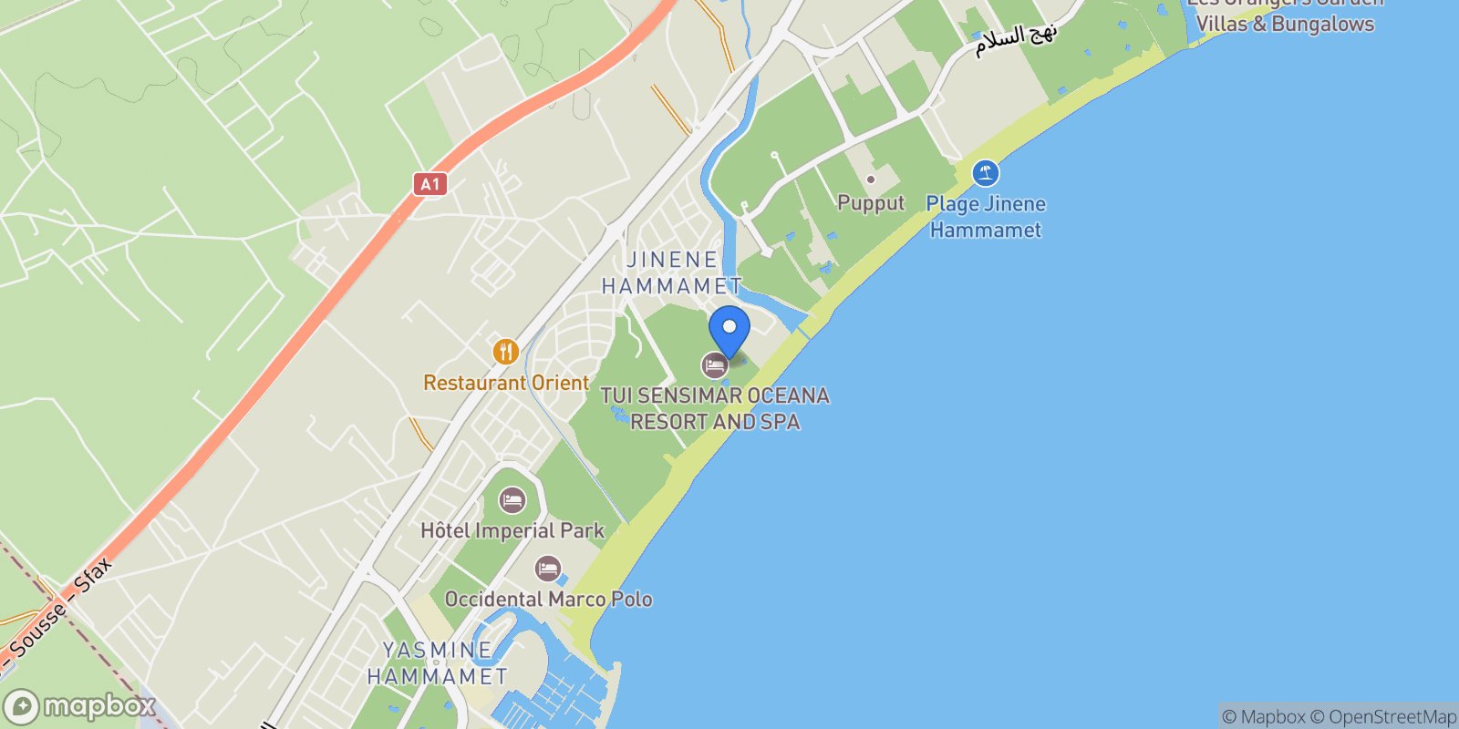 Map showing Yasmine Hammamet, Sousse, Tunisia.