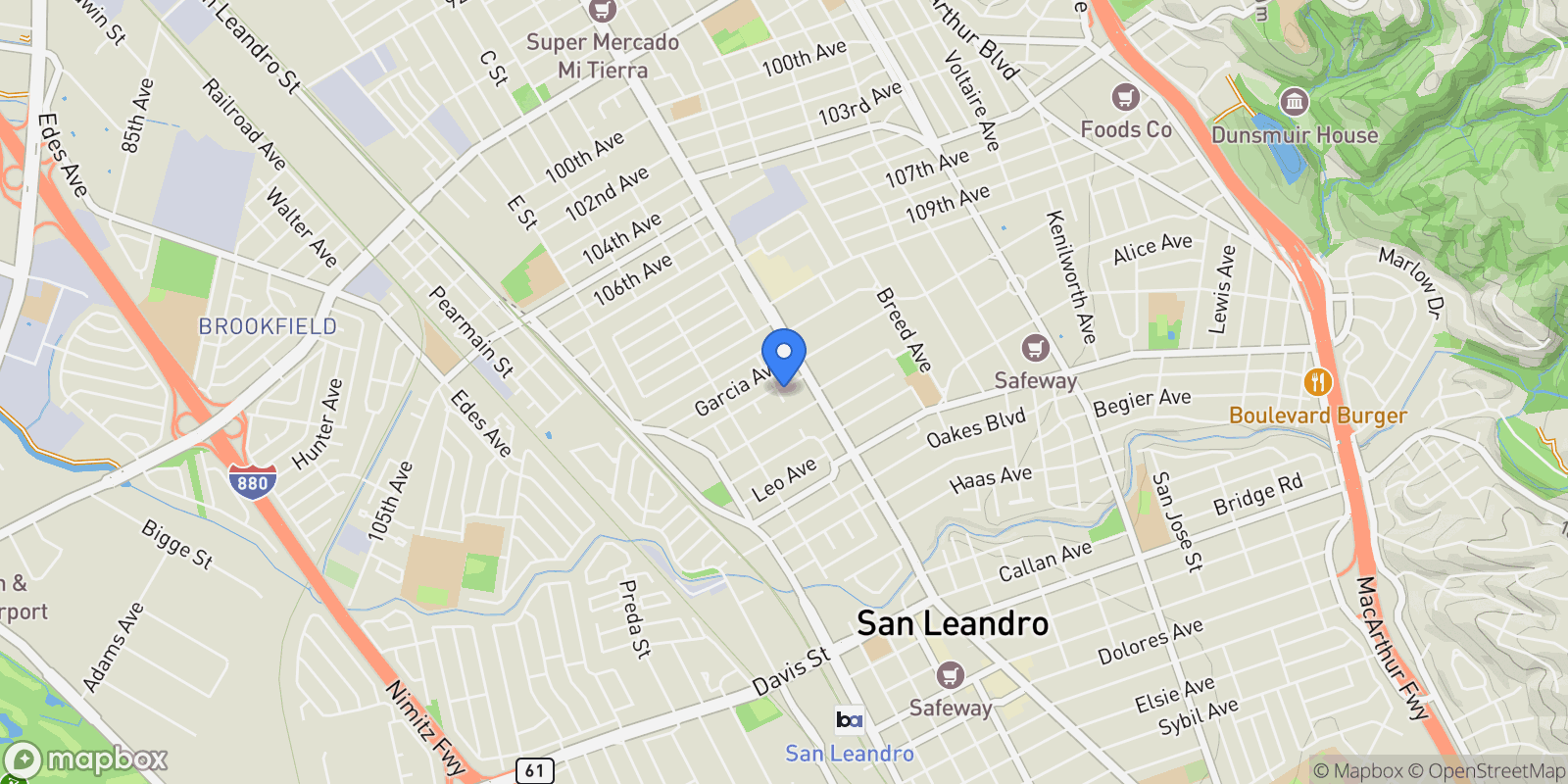 Map showing 185 Belleview Dr, San Leandro, California, United States.