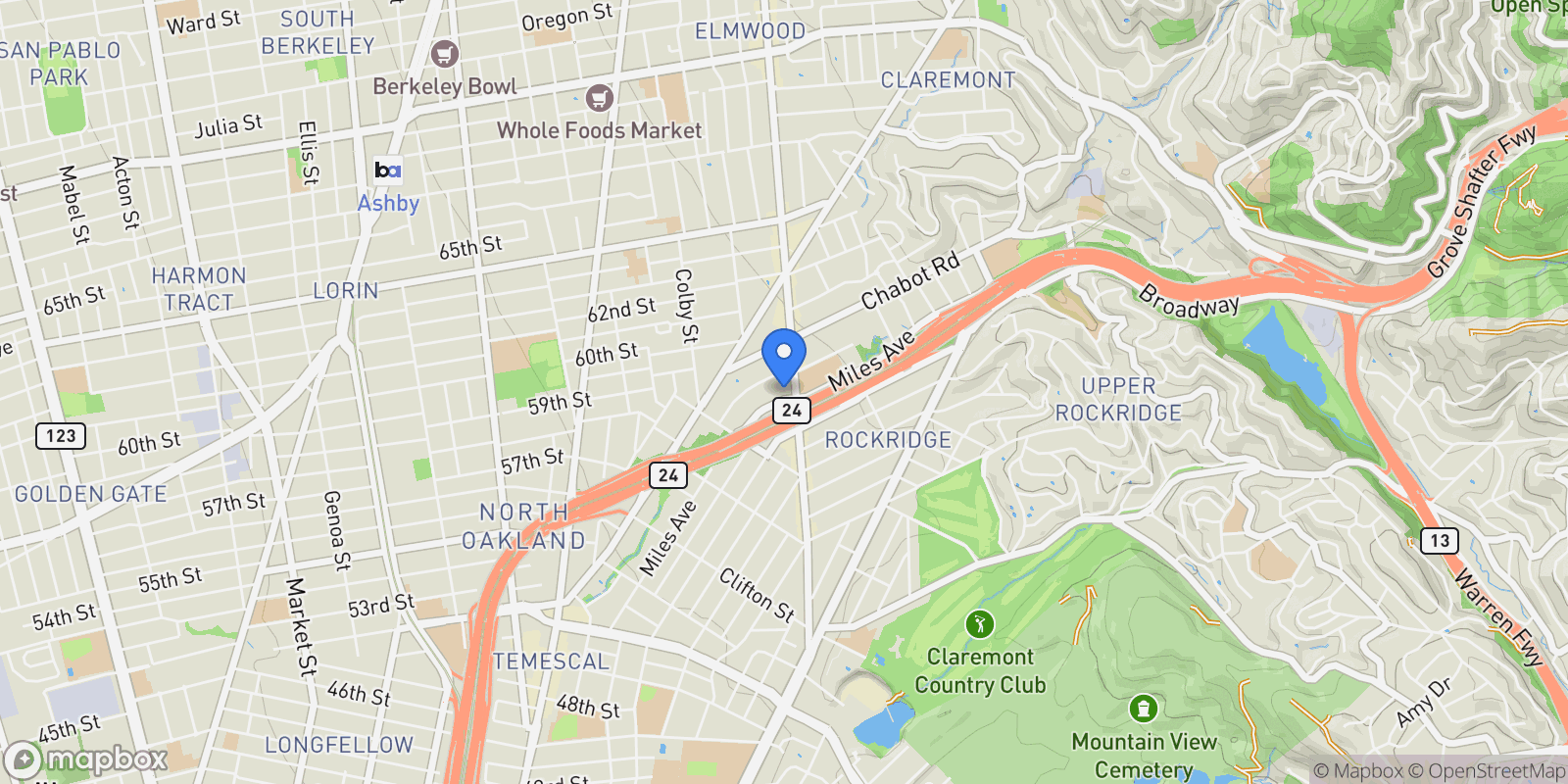 Map showing 5687 Miles Ave, Oakland, California, United States.