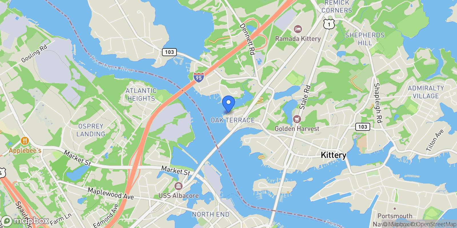 Map showing 25 Oak Terrace, Kittery, ME, 03904, USA, Kittery, Maine, United States.
