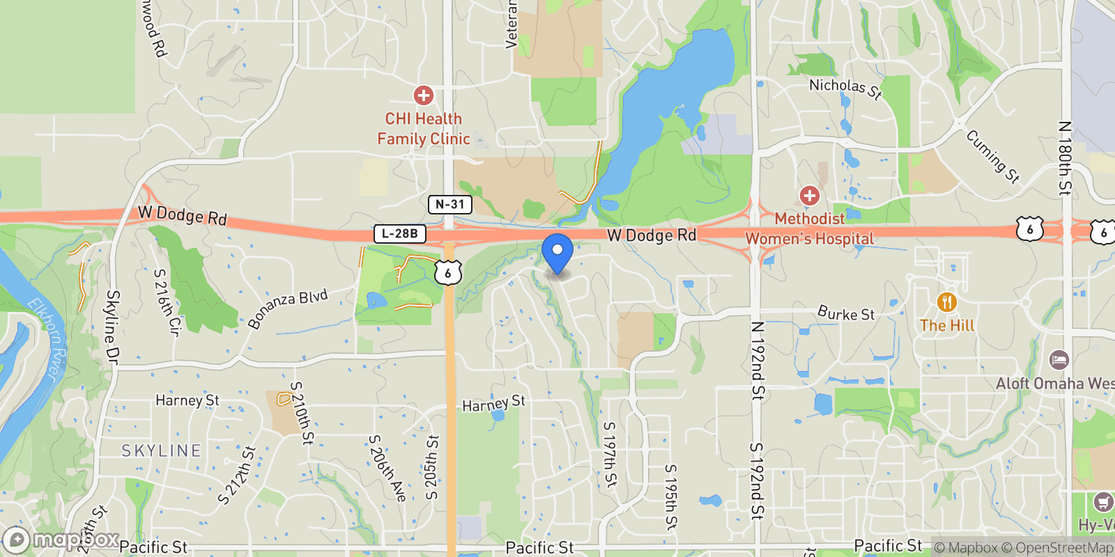 Map showing 5614 N 199th Street, Elkhorn, NE 68022, Omaha, Nebraska, United States.