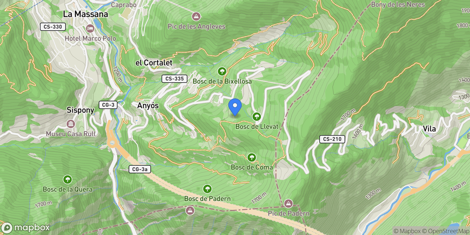 Map showing Carretera del Cortal de Casa Capdevilla, Anyós, Anyós, Anyós, La Massana, Andorra.