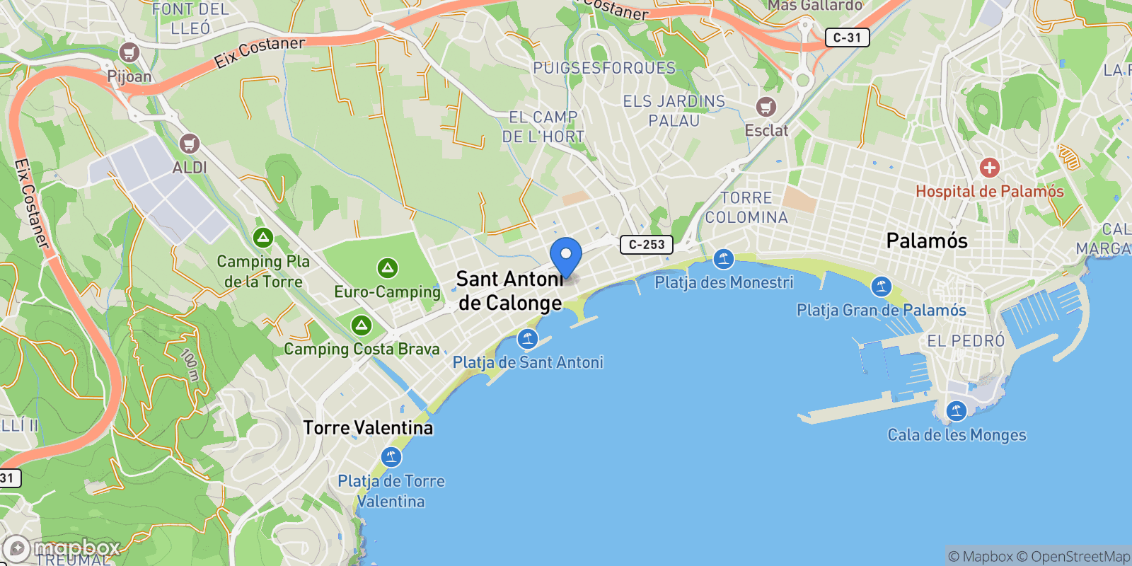 Map showing Begur, Sant Antoni de Calonge, Girona, Sant Antoni de Calonge, Calonge i Sant Antoni, Catalonia, Spain.