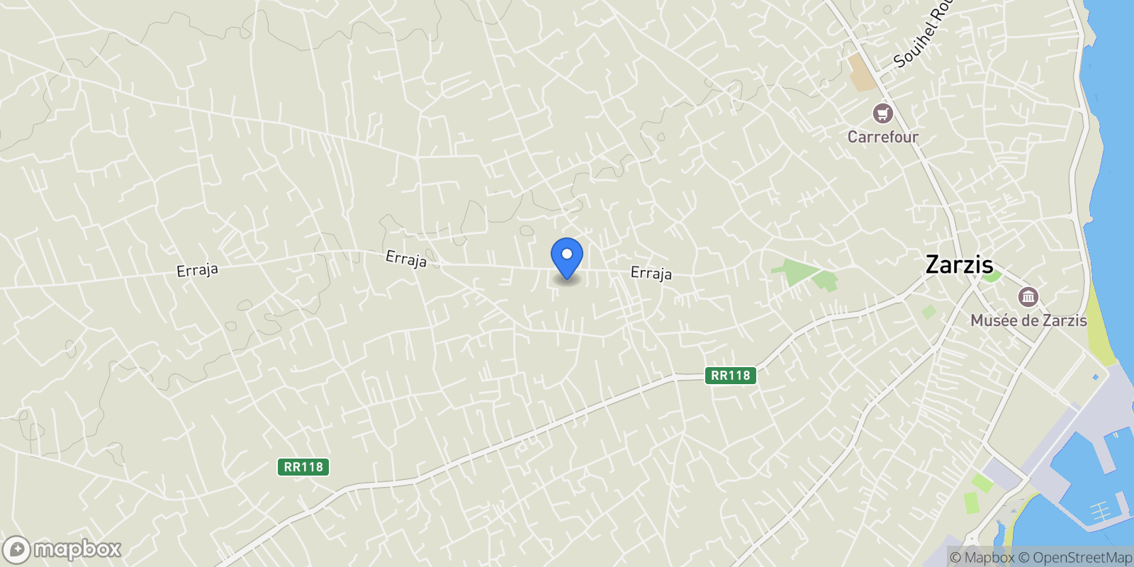 Map showing Zarzis, Medenine, Tunisia.