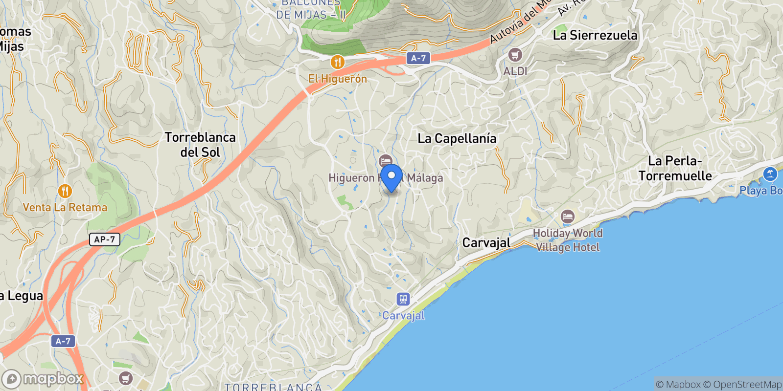 Map showing Granado del Higueron, Fuengirola, Málaga, Fuengirola, La Capellania, Benalmadena, Andalusia.