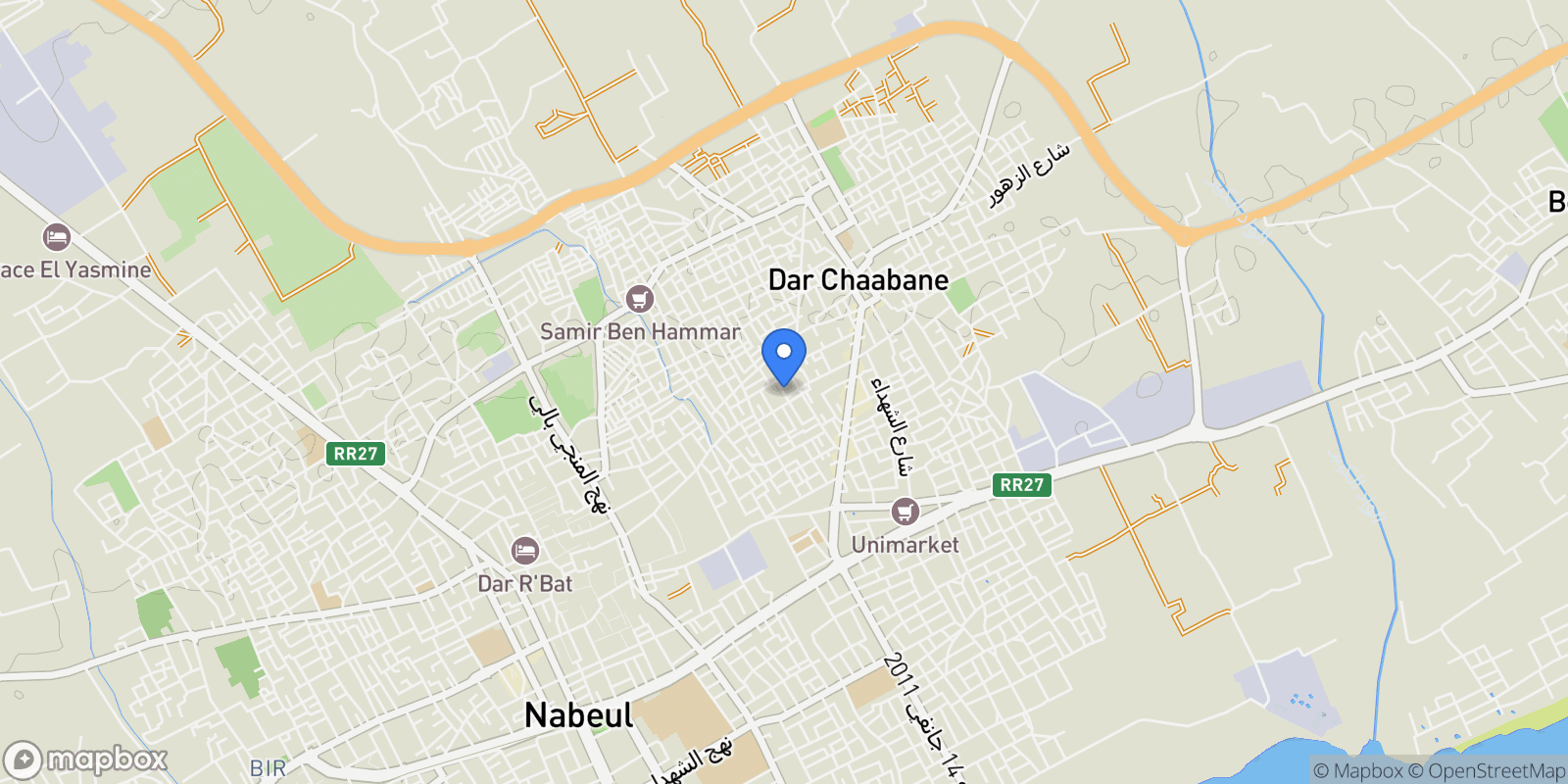 Map showing Dar Chaabane Al Fehri, Nabeul, Tunisia.